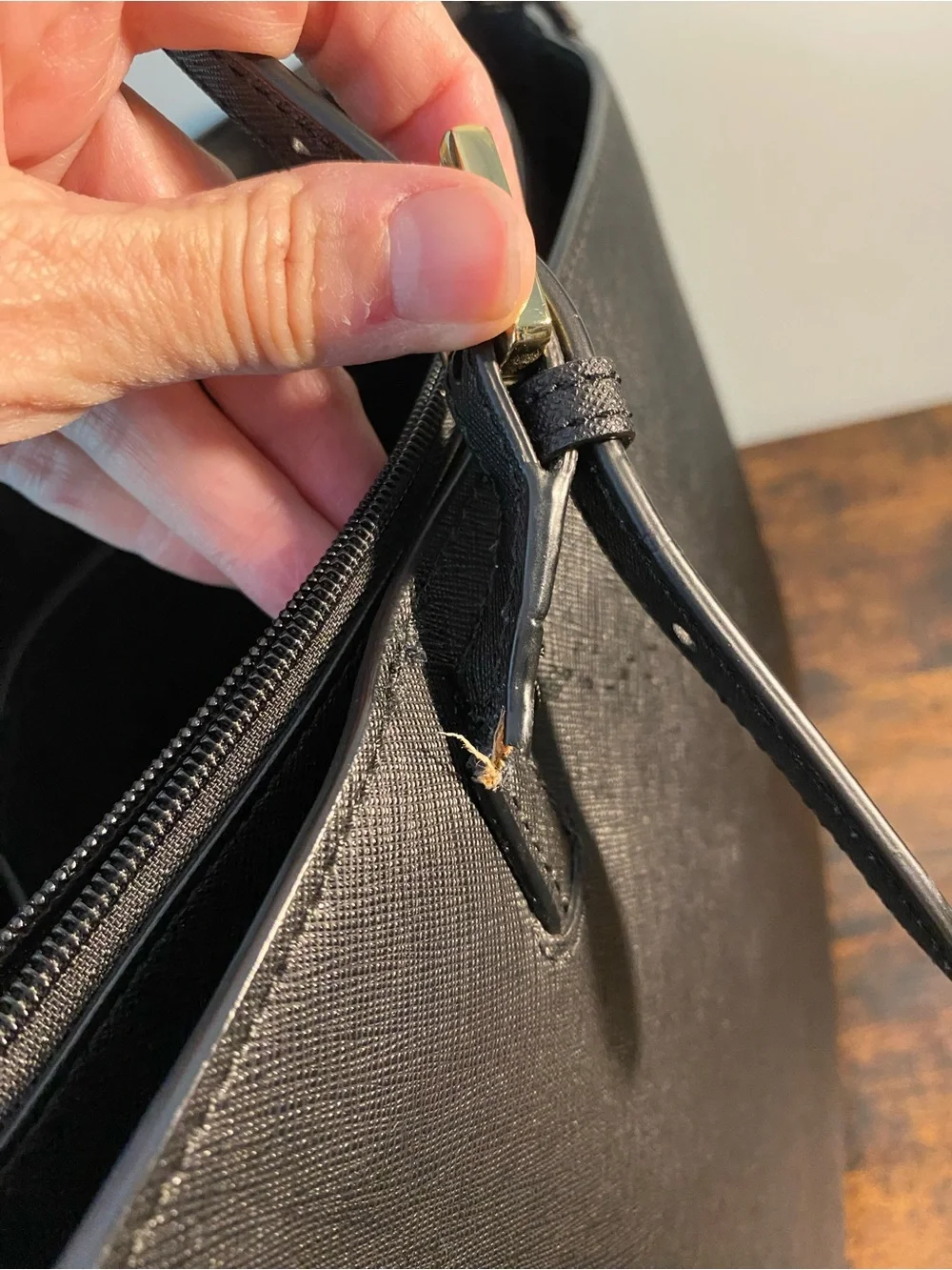 Tory Burch Black Saffiano Tote with Gold Logo Flaw
